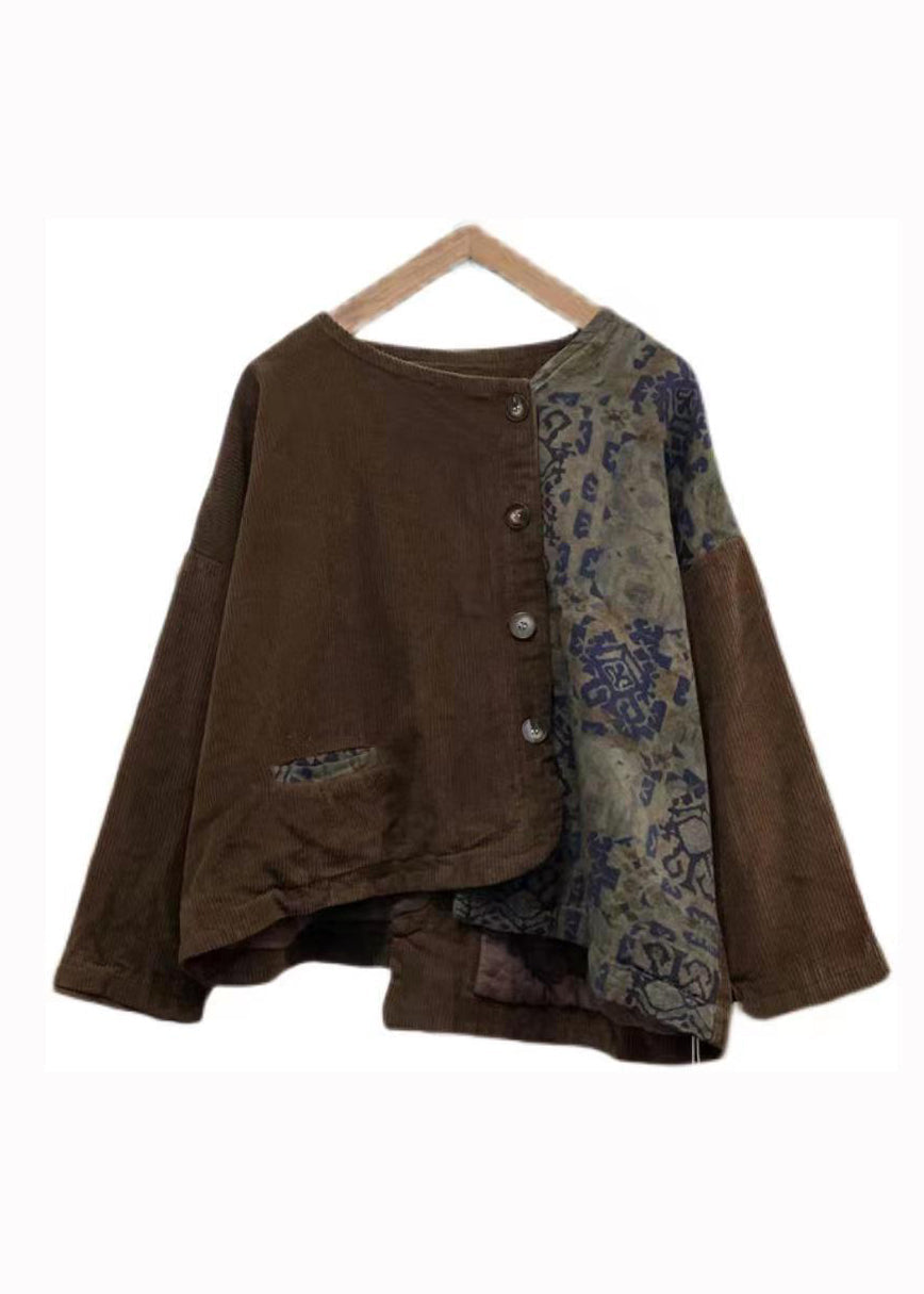 Plus Size Coffee Asymmetrical Patchwork Corduroy Tops Fall Ada Fashion
