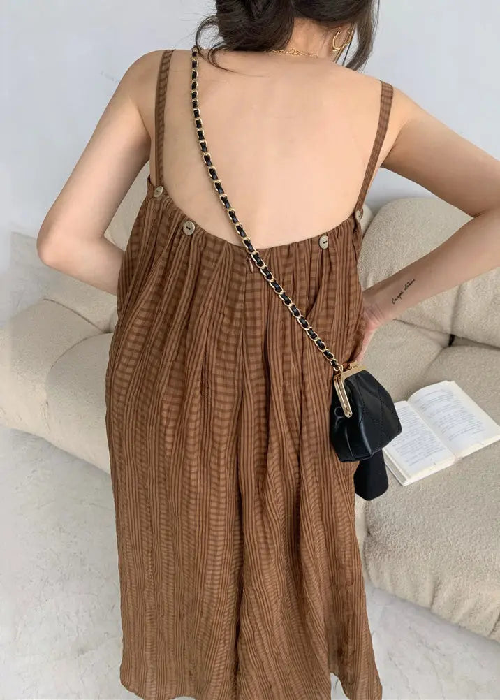 Plus Size Coffee Backless Wrinkled Patchwork Cotton Jumpsuits Sleeveless Ada Fashion