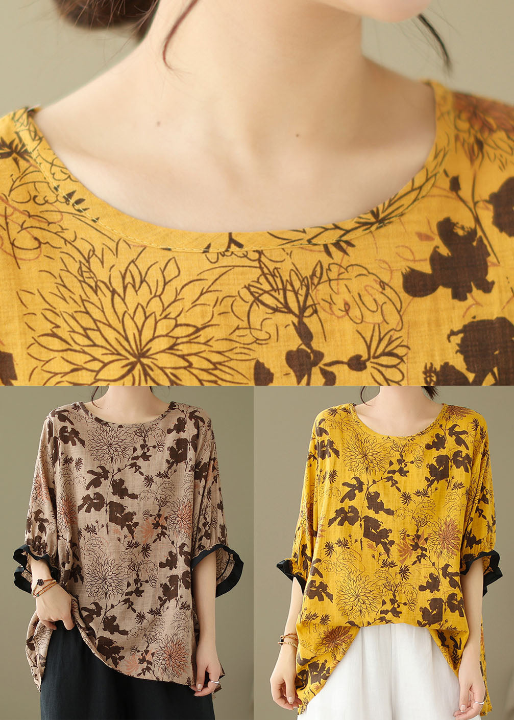 Plus Size Coffee O Neck Print Patchwork Cotton Top Summer LY4962 - fabuloryshop