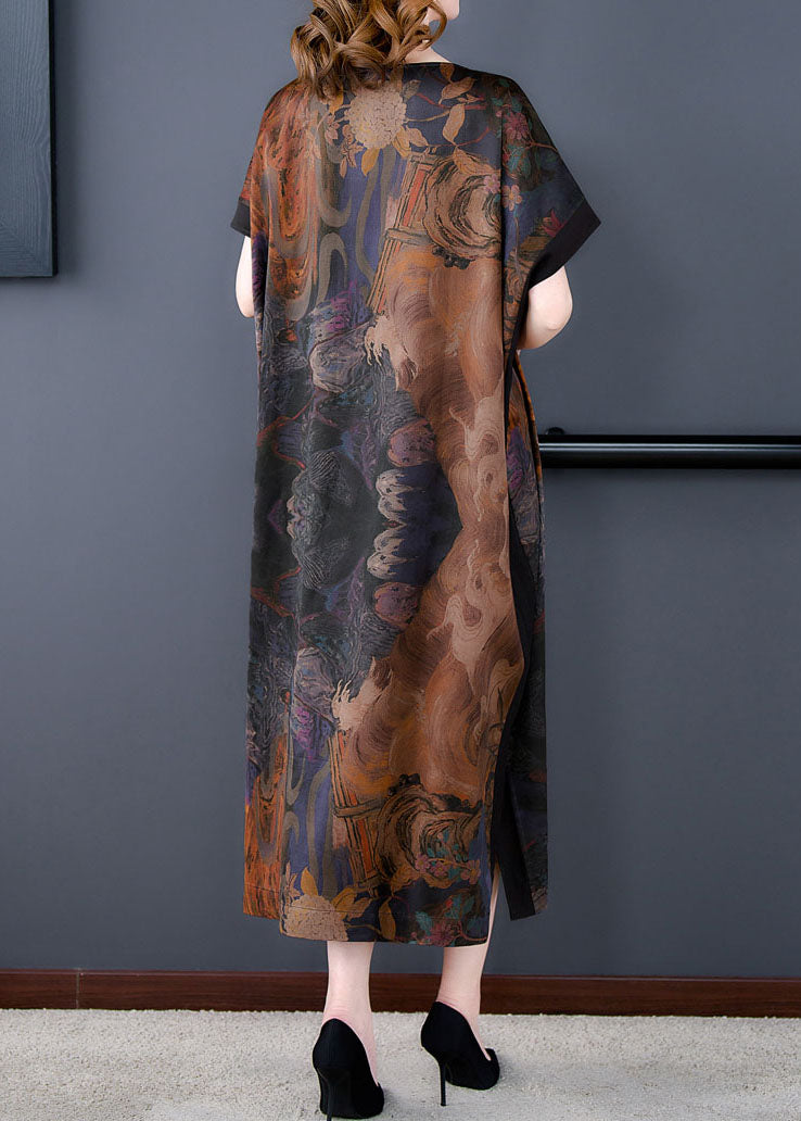 Plus Size Coffee O Neck Print Side Open Patchwork Silk Dresses Summer LY5905 - fabuloryshop