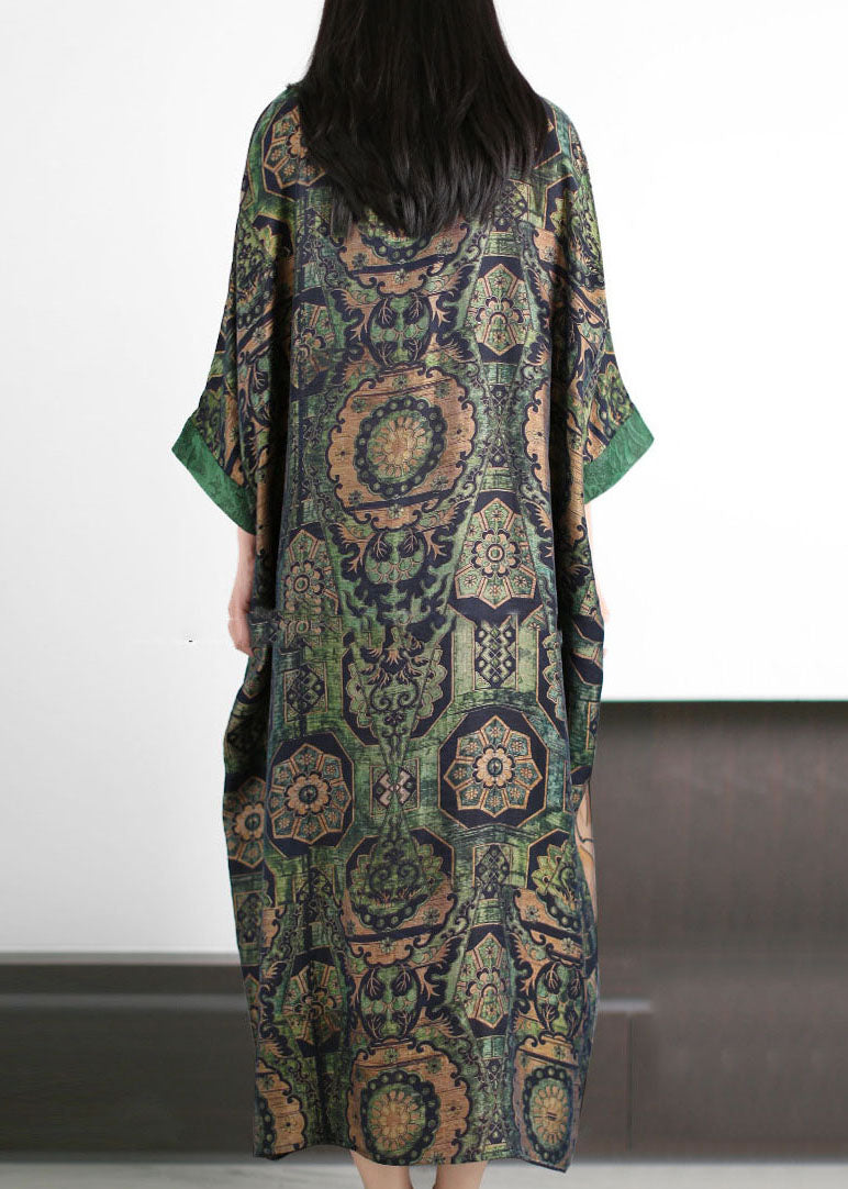 Plus Size Green O Neck Print Patchwork Silk Holiday Dress Summer LY5158 - fabuloryshop