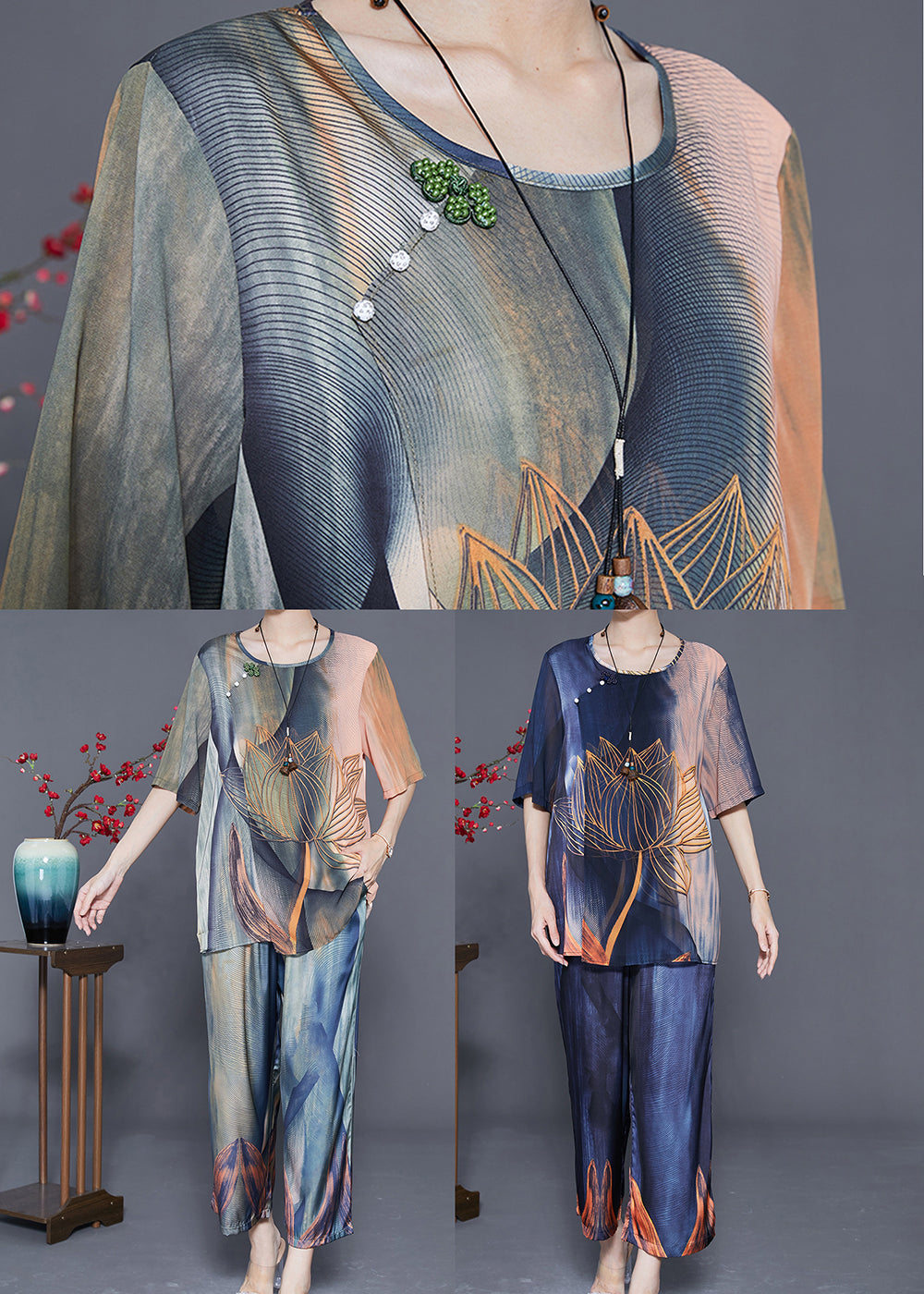Plus Size Green Oversized Tie Dye Silk Women Sets 2 Pieces Summer LY3607 - fabuloryshop