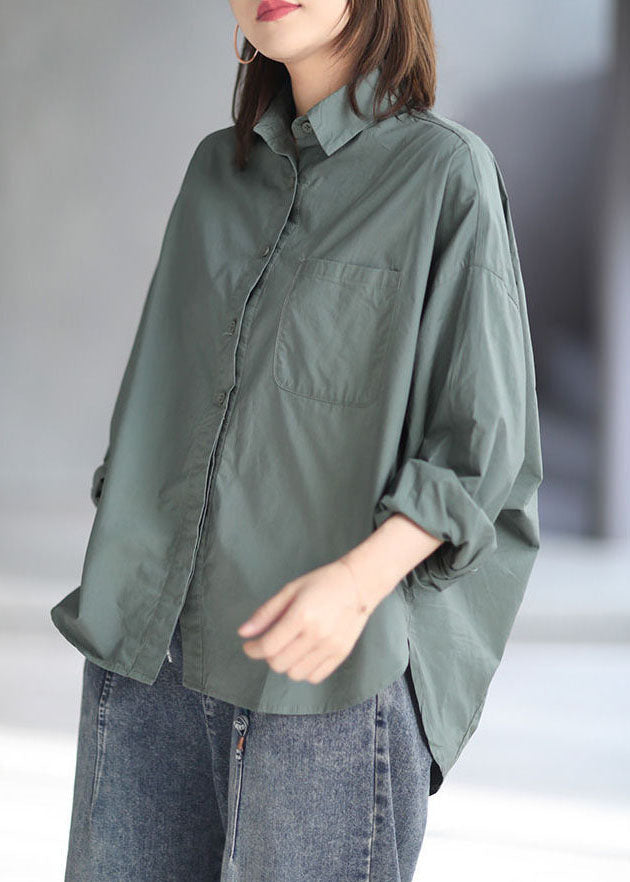 Plus Size Green Peter Pan Collar Patchwork Cotton Shirt Top Spring LY5362 - fabuloryshop