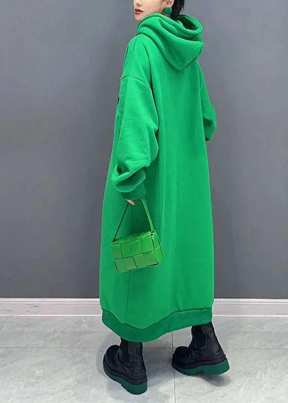 Plus Size Green Print Cotton Hooded Maxi Dress Fall Ada Fashion