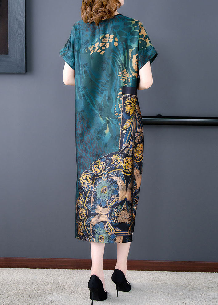 Plus Size Green V Neck Print Patchwork Silk Dress Summer LY5953 Ada Fashion