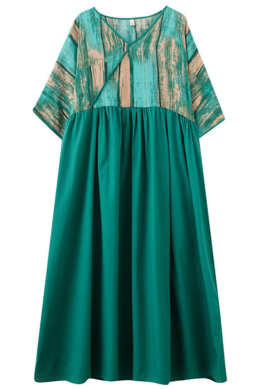 Plus Size Green V Neck Print Wrinkled Patchwork Cotton Long Dress Summer LY3979 - fabuloryshop