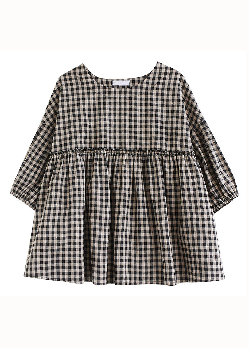 Plus Size Plaid O Neck Wrinkled Patchwork Cotton Top Lantern Sleeve LY3980 - fabuloryshop