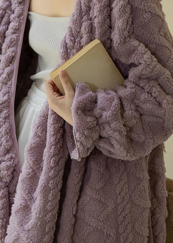 Plus Size Purple V Neck Patchwork Thick Fluffy Robe Spring LY2830 - fabuloryshop