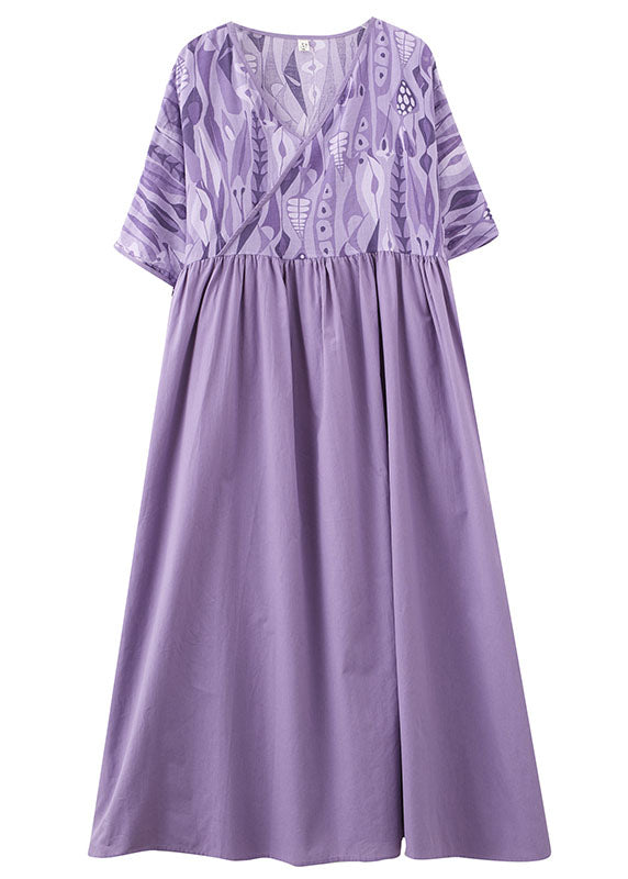 Plus Size Purple V Neck Wrinkled Print Patchwork Cotton Vacation Dresses Summer LY3983 - fabuloryshop