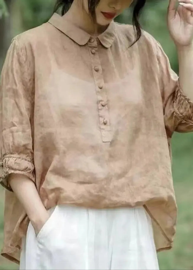 Plus Size Red Peter Pan Collar Patchwork Button Linen Tops Long Sleeve Ada Fashion