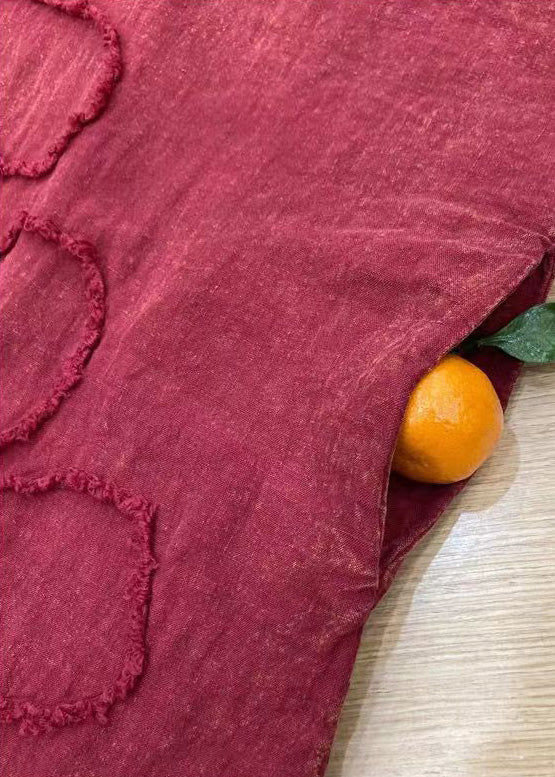 Plus Size Red V Neck Embroidery Patchwork Linen Dress Long Sleeve Ada Fashion