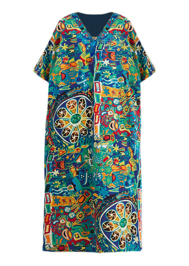 Plus Size V Neck Print Holiday Long Dress Short Sleeve LY2582 - fabuloryshop