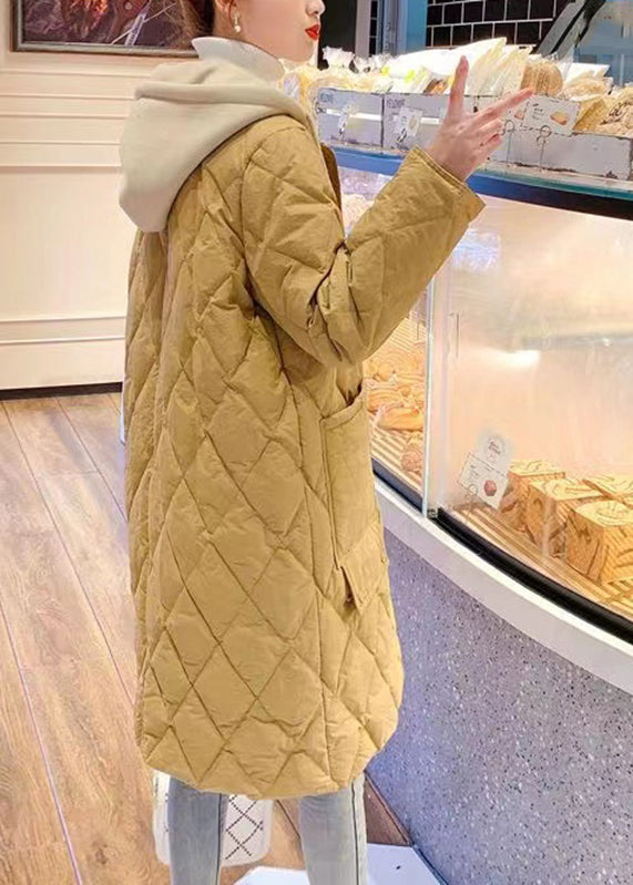 Plus Size Yellow Pockets Patchwork Drawstring Button Hooded Parka Long Sleeve Ada Fashion