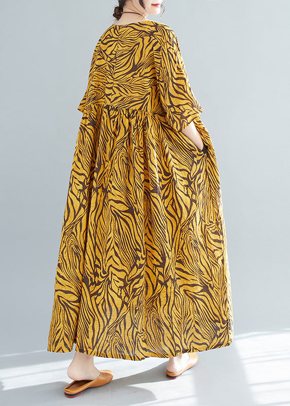 Plus Size Yellow Print Wrinkled Cotton Vacation Long Dresses Short Sleeve Ada Fashion