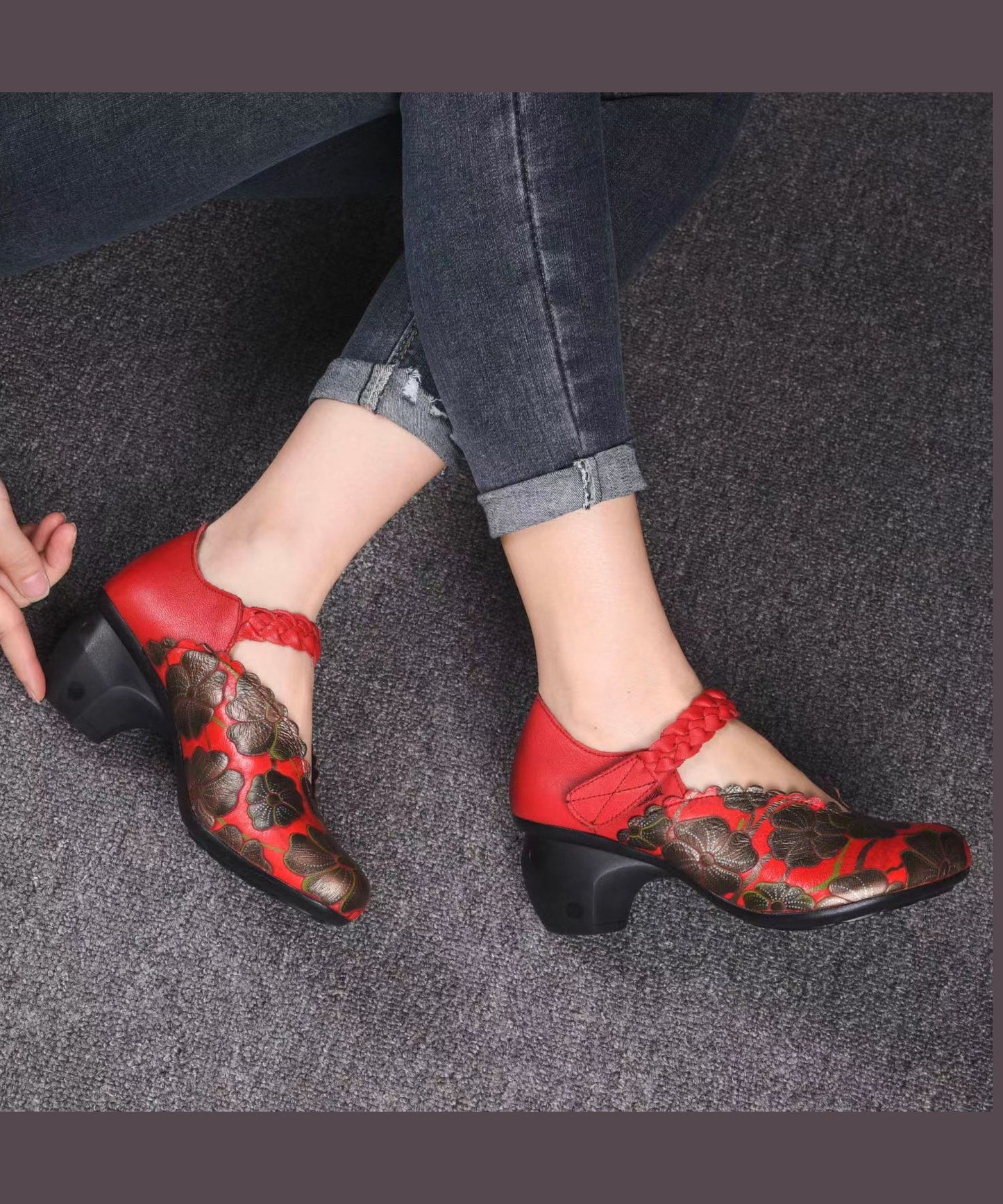 Red Embossed Buckle Strap Vintage Splicing Chunky Ada Fashion