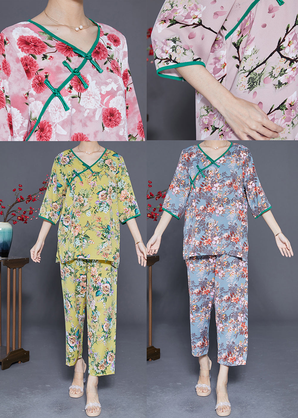 Red Floral Print Silk Two Pieces Set V Neck Chinese Button Half Sleeve LY3657 - fabuloryshop