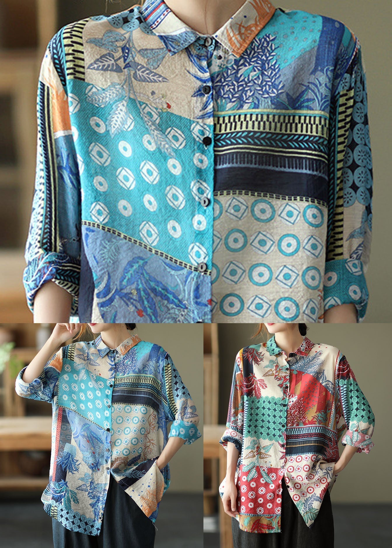 Red Patchwork Linen Shirts Peter Pan Collar Button Long Sleeve LY6204 - fabuloryshop