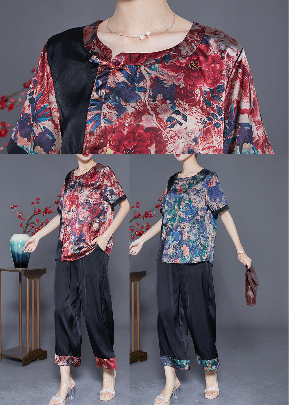Red Patchwork Silk Women Sets 2 Pieces O-Neck Print Summer LY3612 - fabuloryshop