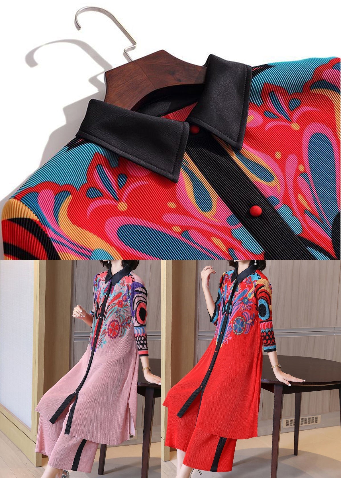 Red Patchwork Two Pieces Set Peter Pan Collar Side Open Summer LY2737 - fabuloryshop