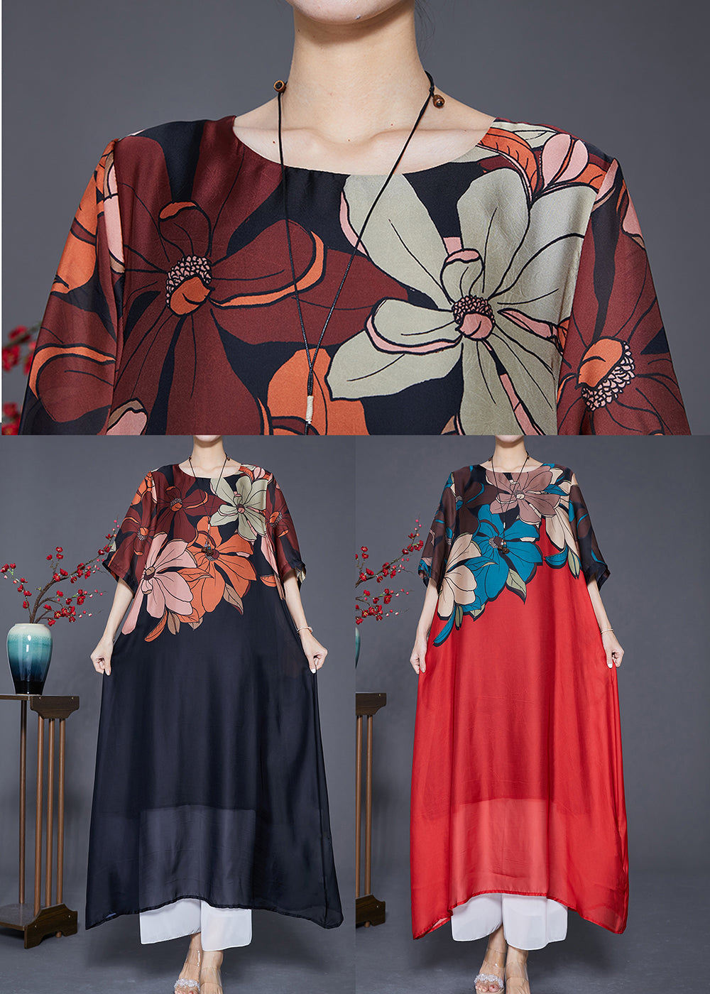 Red Print Silk A Line Dresses Oversized Draping Summer Ada Fashion