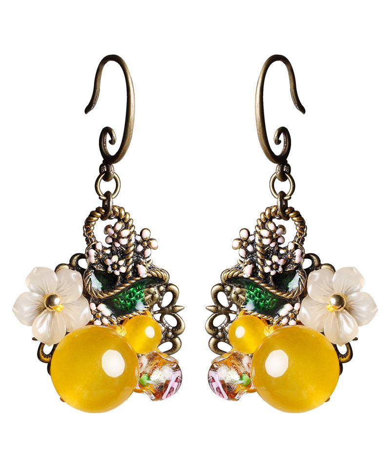 Regular Yellow Copper Pearl Coloured Glaze Oil Drip Floral Drop Earrings LY2320 - fabuloryshop