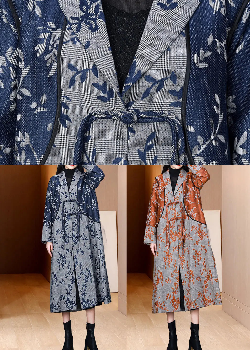 Retro Blue Tasseled Pockets Print Patchwork Cotton Trench Fall Ada Fashion