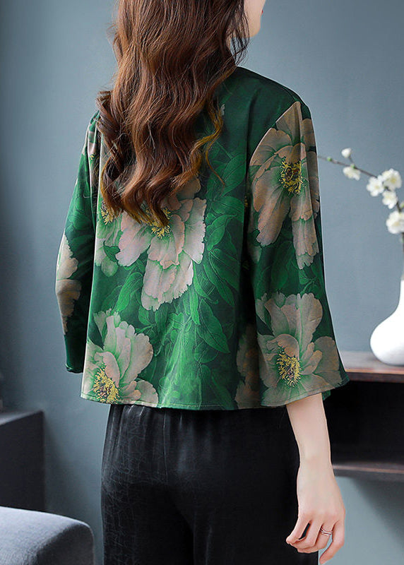 Retro Green Print Chinese Button Silk Blouses Flare Sleeve LY3718 - fabuloryshop