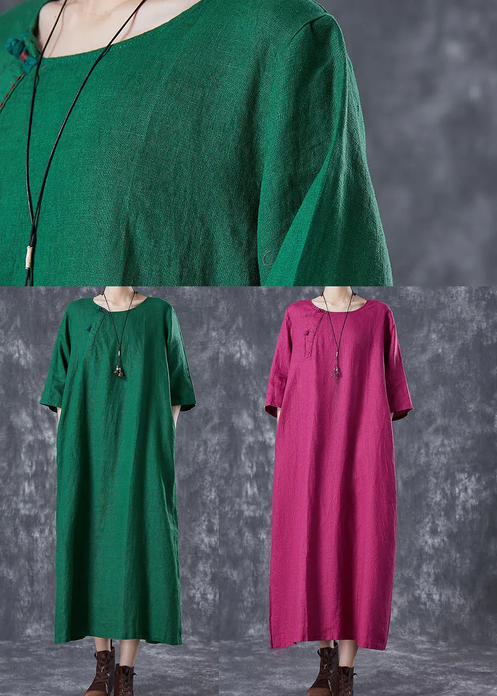 Rose Oversized Linen Holiday Dress Chinese Button Side Open Half Sleeve Ada Fashion