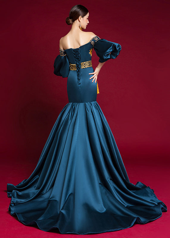 Sexy Navy Cold Shoulder Patchwork Silk Fishtail Dress Lantern Sleeve Ada Fashion