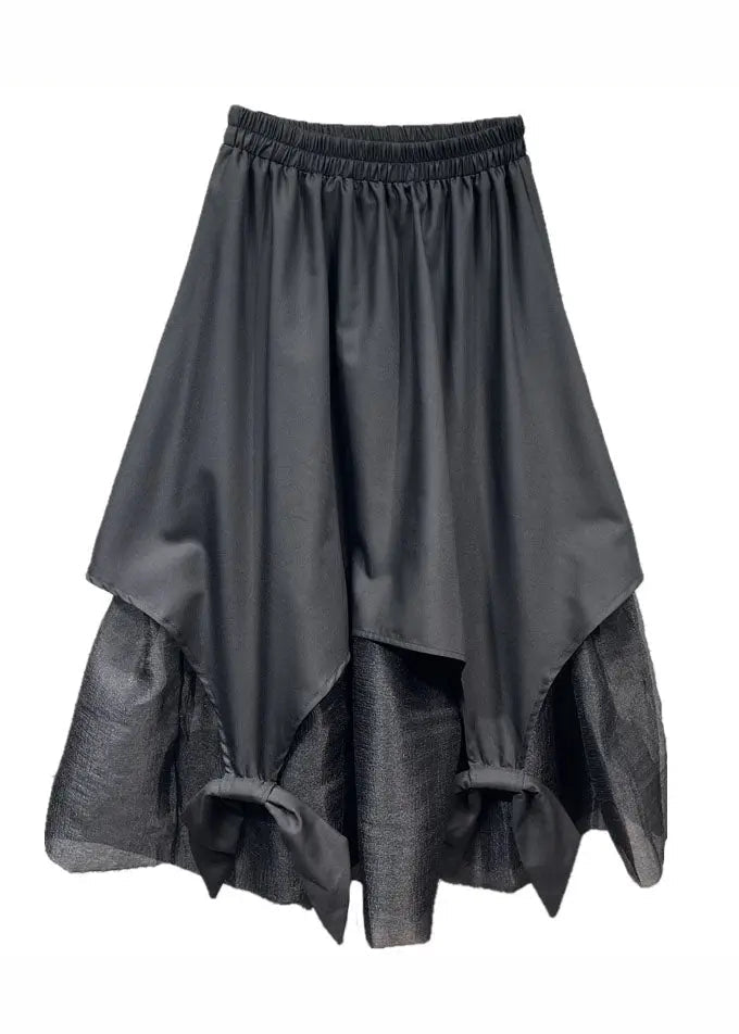 Simple Black Asymmetrical Tulle Patchwork Maxi Skirt Fall Ada Fashion