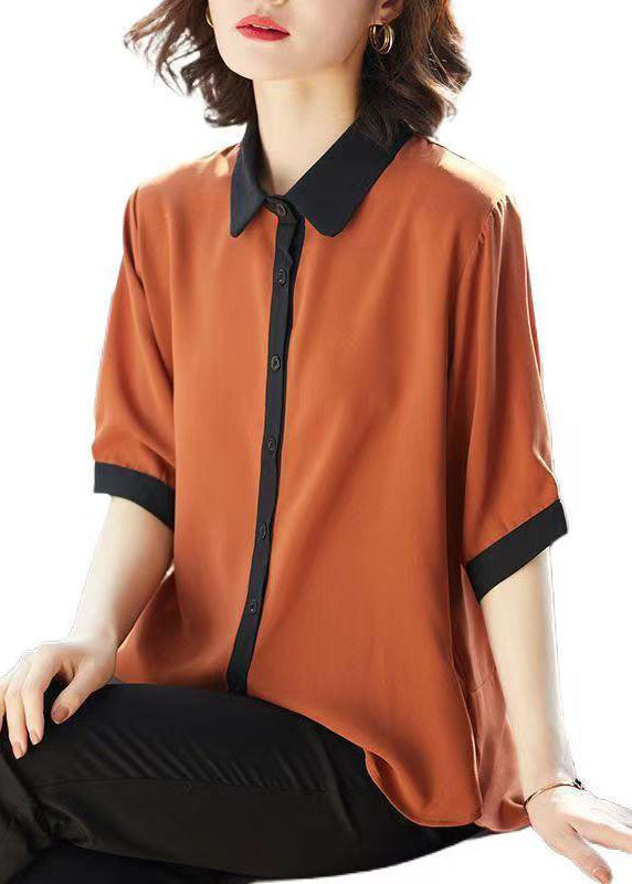 Simple Caramel Peter Pan Collar Button Patchwork Chiffon Shirts Top Summer LY6675 - fabuloryshop