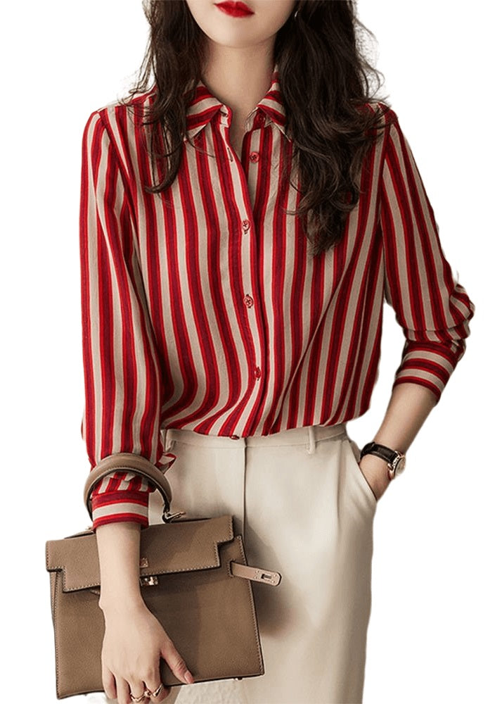Simple Red Peter Pan Collar Striped Patchwork Chiffon Shirt Long Sleeve Ada Fashion
