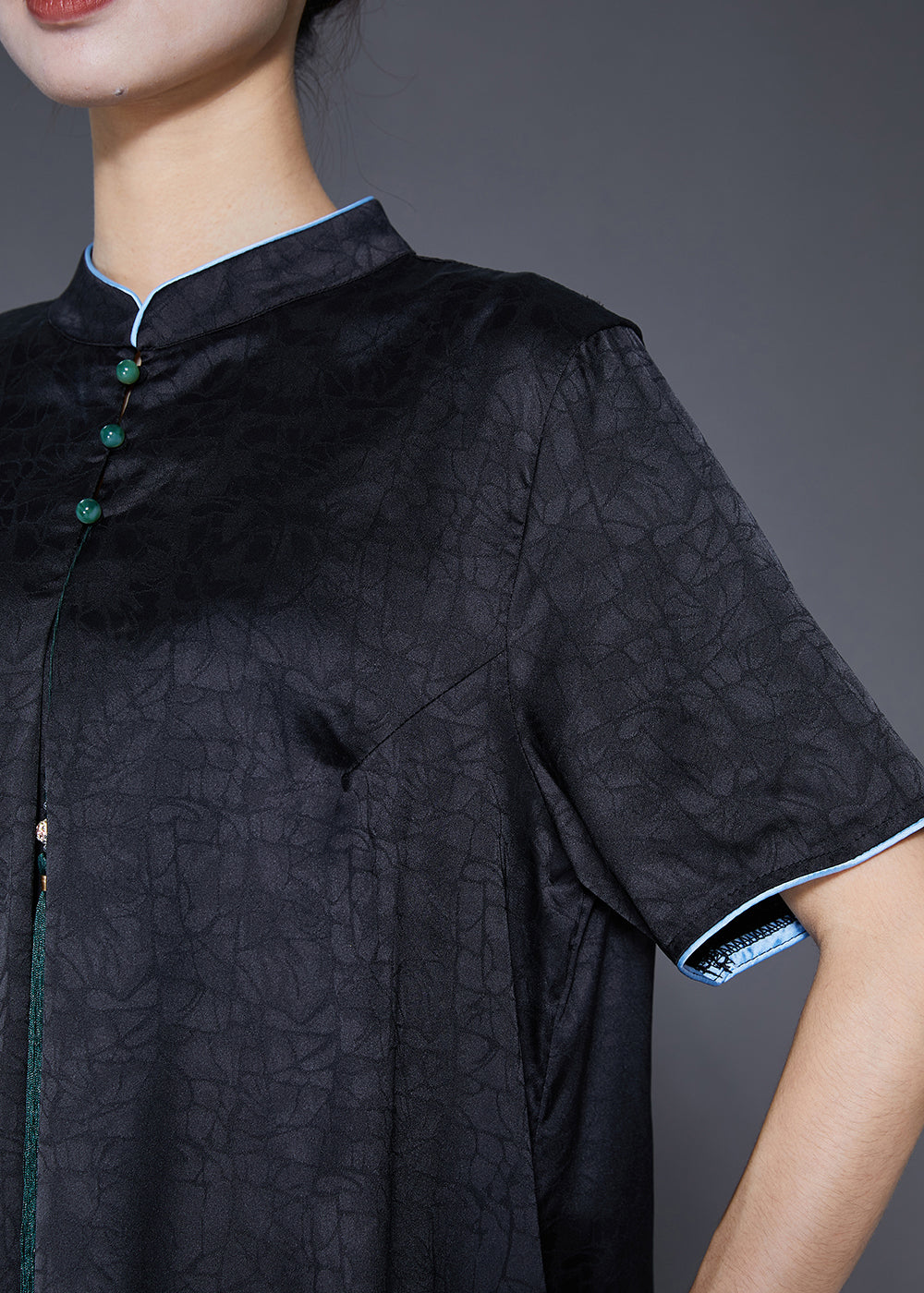 Slim Fit Black Stand Collar Print Tassel Silk Maxi Dress Summer Ada Fashion