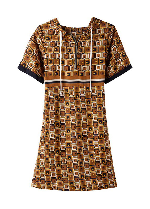 Slim Fit Coffee Print Zippered Hooded Chiffon Maxi Dress Summer LY6159 - fabuloryshop