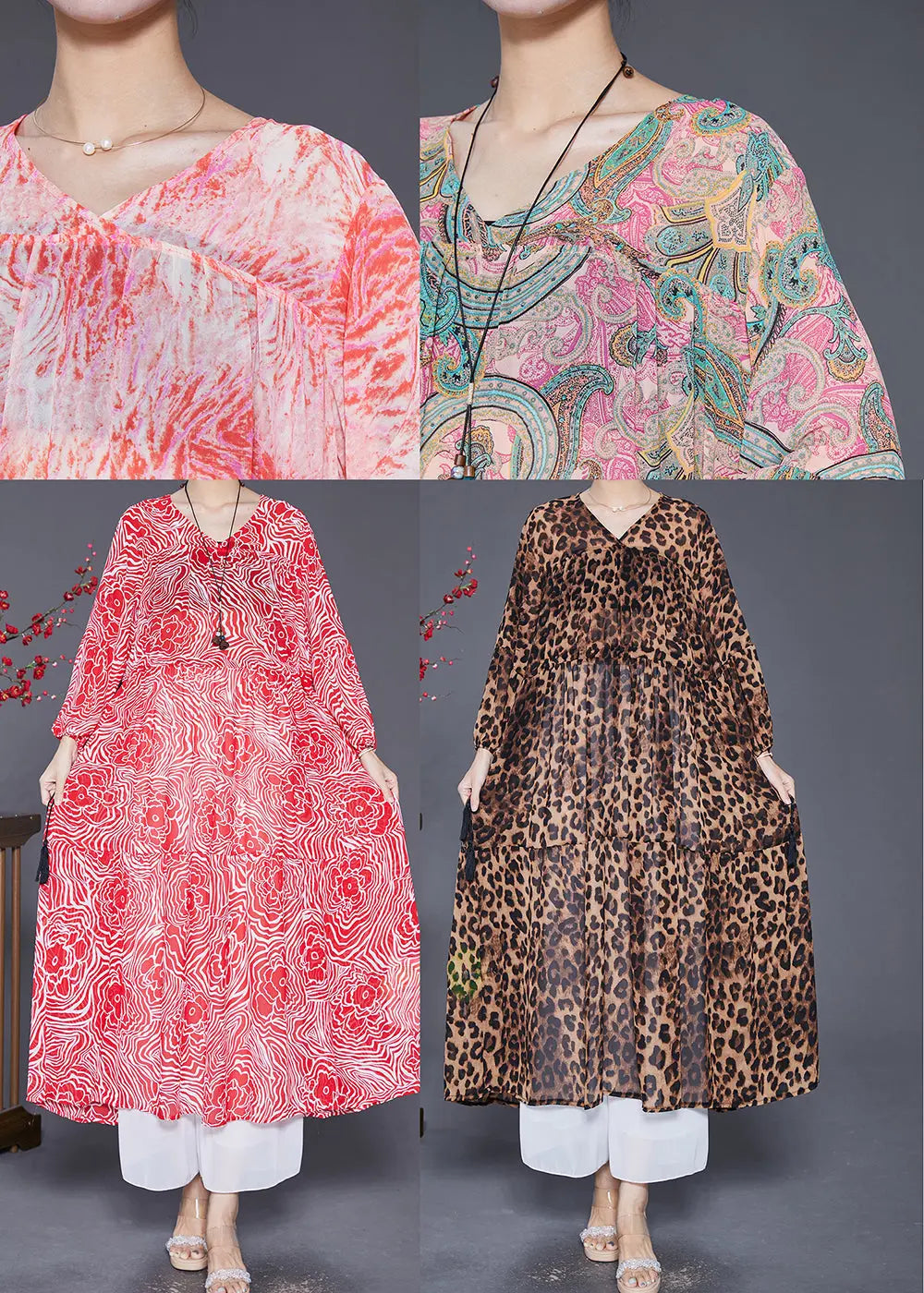 Slim Fit Red V Neck Print Chiffon Maxi Dresses Fall Ada Fashion