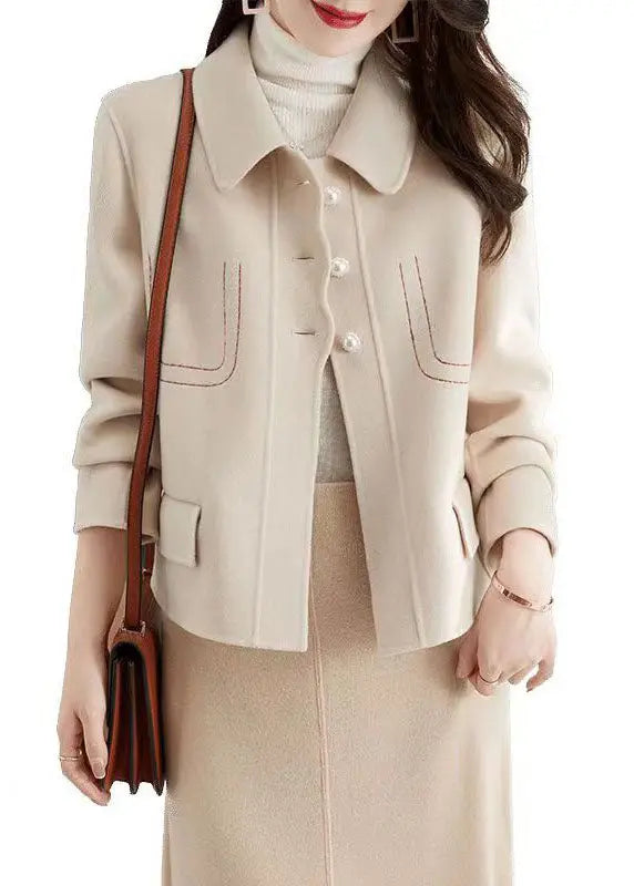 Style Beige Peter Pan Collar Patchwork Woolen Jacket Fall Ada Fashion