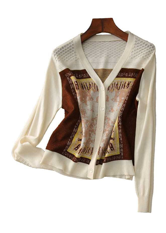 Style Beige V Neck Jacquard Knit Short Cardigans Long Sleeve LY0377 - fabuloryshop