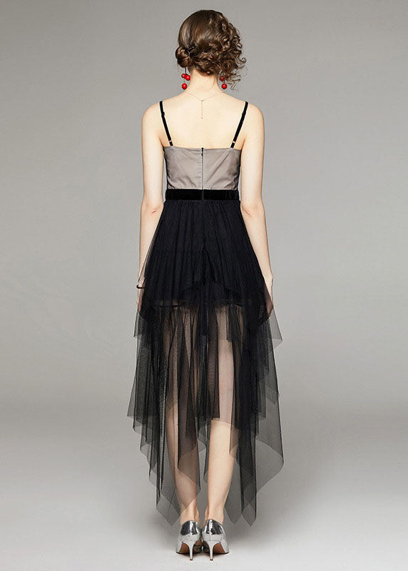 Style Black Asymmetrical Patchwork Tulle Spaghetti Strap Dress Summer LY7400 - fabuloryshop