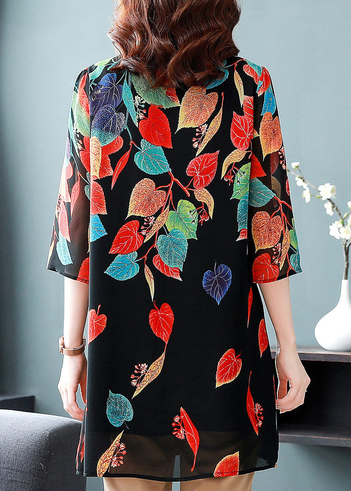 Style Black Button Print Patchwork Chiffon Shirt Tops Summer LY8182