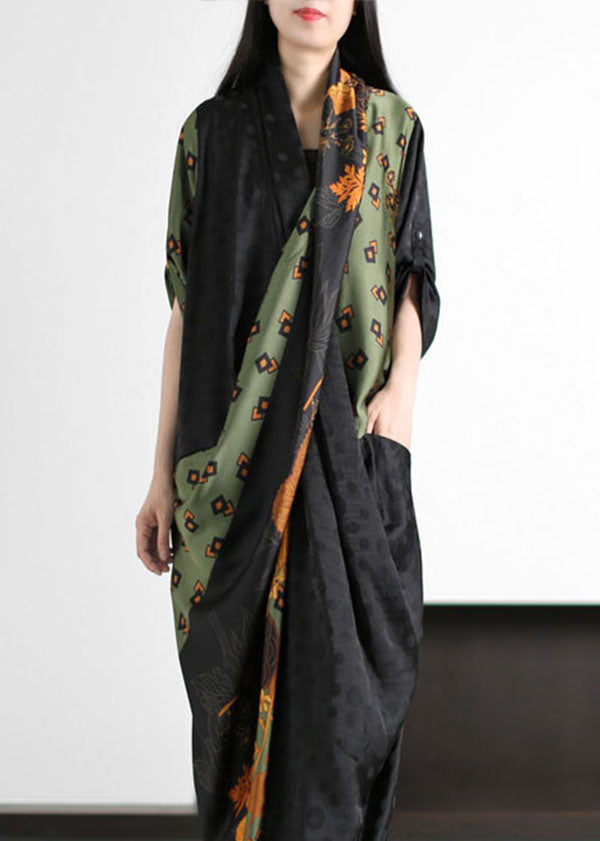 Style Black Green Pockets Print Wrinkled Patchwork Silk Long Dresses Summer LY5163 - fabuloryshop