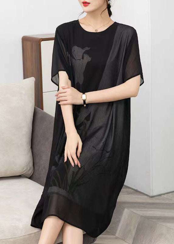 Style Black O Neck Print Patchwork Chiffon Dress Summer Ada Fashion
