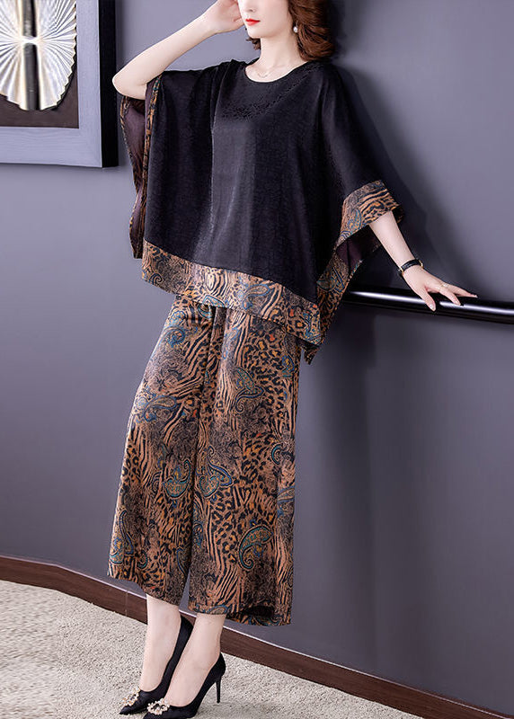 Style Black Oversized Patchwork Print Silk Two Pieces Set Summer LY2747 - fabuloryshop