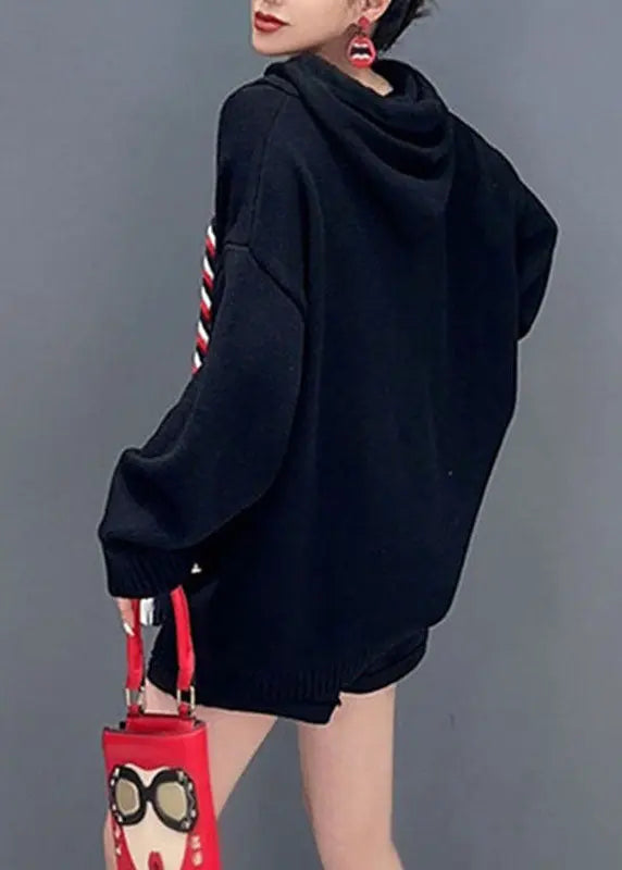 Style Black V Neck Graphic Print Drawstring Sweatshirts Long Sleeve Ada Fashion
