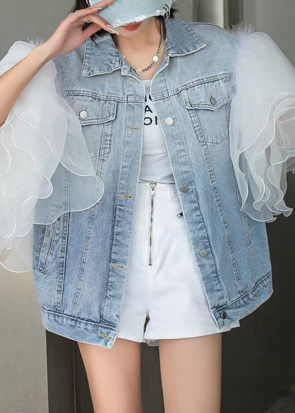 Style Blue Ruffled Tulle Patchwork Button Coats Short Sleeve LY6032 - fabuloryshop