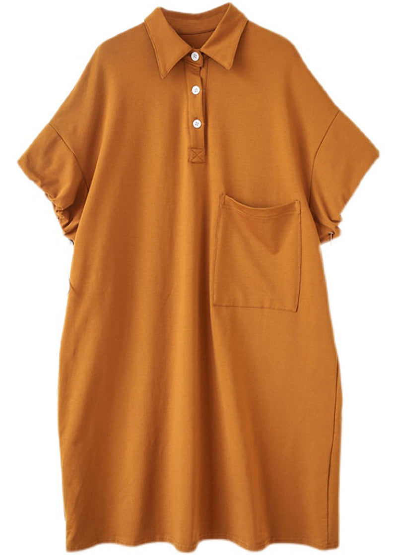 Style Orange Peter Pan Collar Pocket Cotton Maxi Dresses Summer LY5354 - fabuloryshop