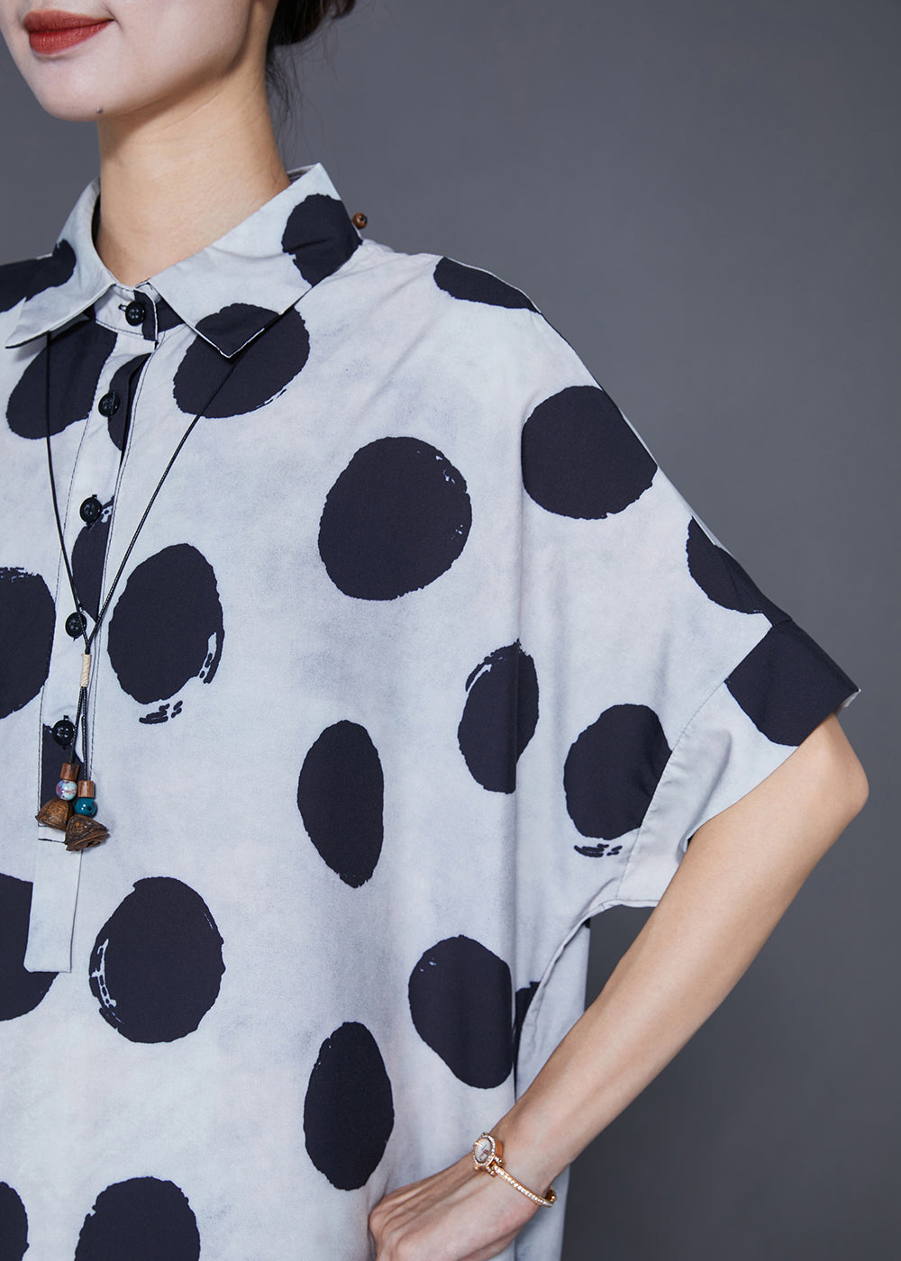 Style White Oversized Dot Print Silk Shirt Dress Summer LY7626