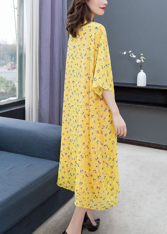 Style Yellow O Neck Print Patchwork Chiffon Dress Summer Ada Fashion