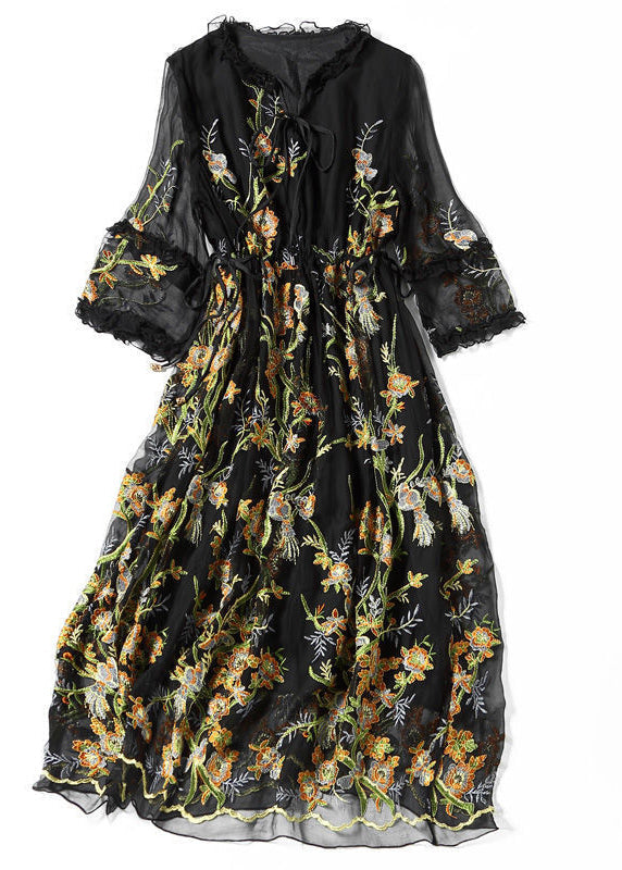 Stylish Black Embroideried Hollow Out Silk Maxi Dresses Summer LY0738 - fabuloryshop