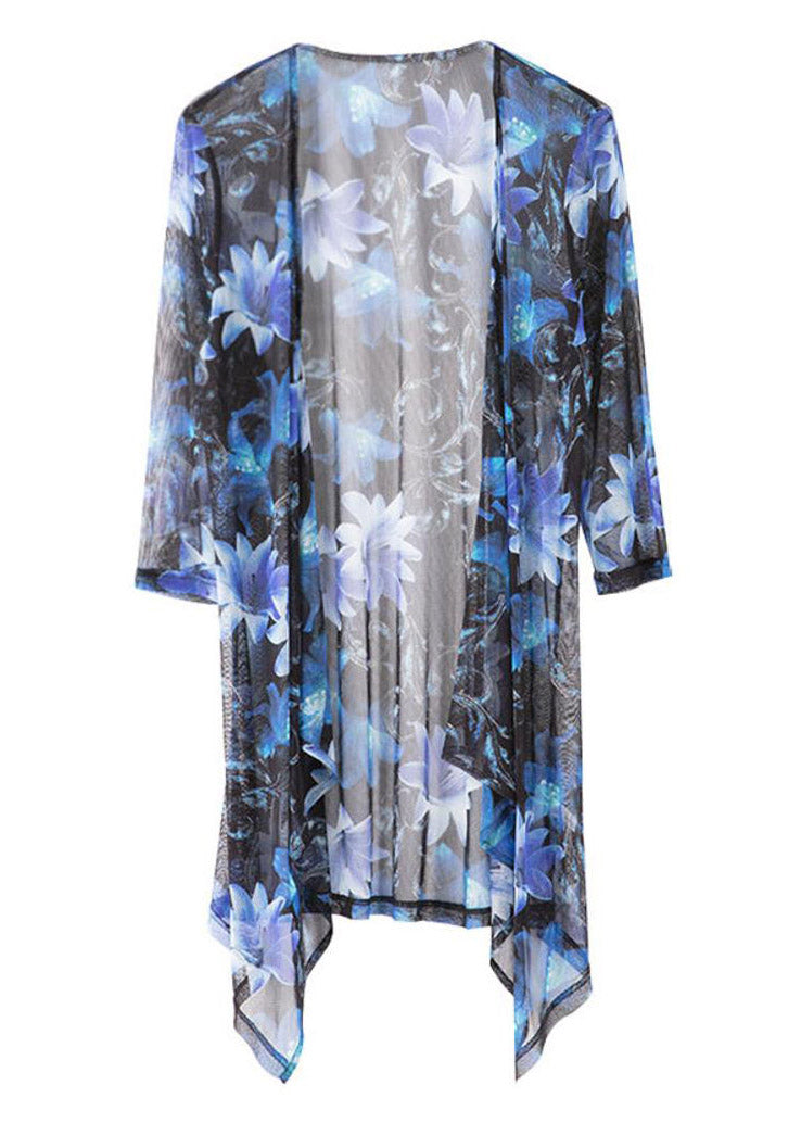 Stylish Blue V Neck Print Silk Sunscre Cardigans Loose Summer LY3800 - fabuloryshop
