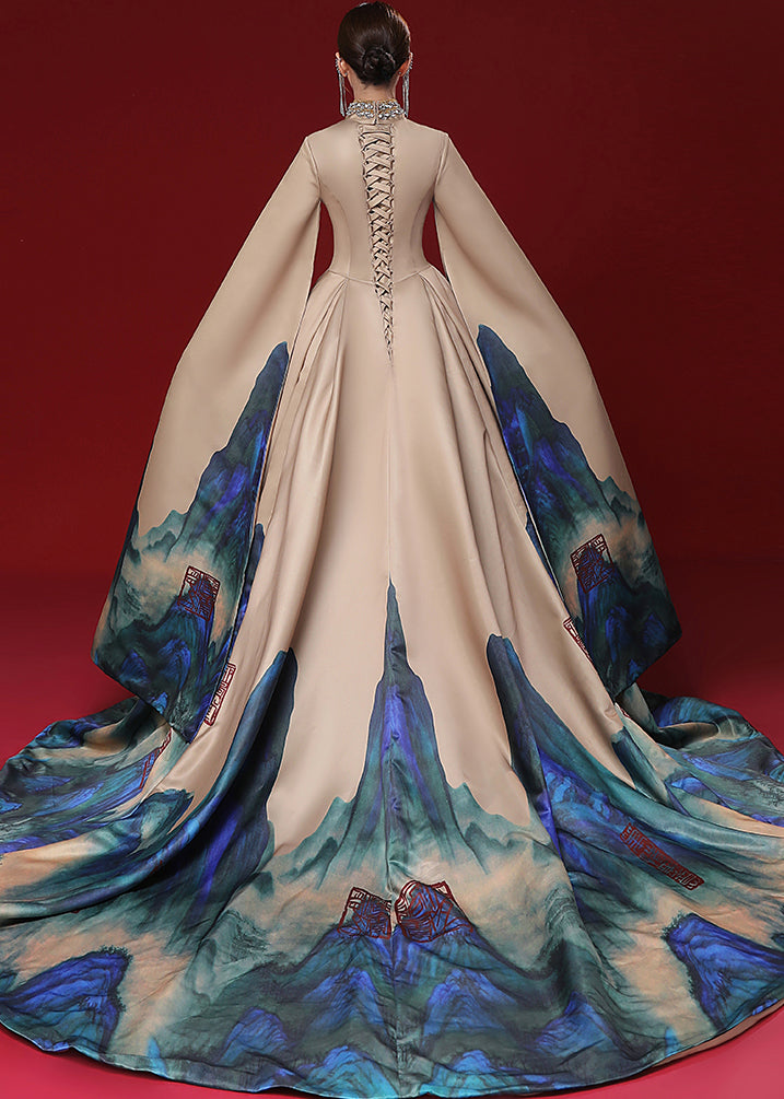 Stylish Champagne Color Zircon Print Patchwork Silk Maxi Dresses Fall Ada Fashion